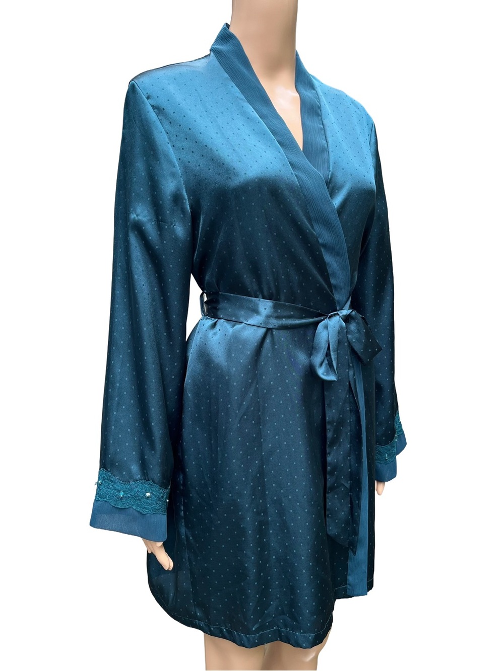 Vintage Jessica Teal Satin Kimono Robe Y2K M-L - Picture 4 of 8